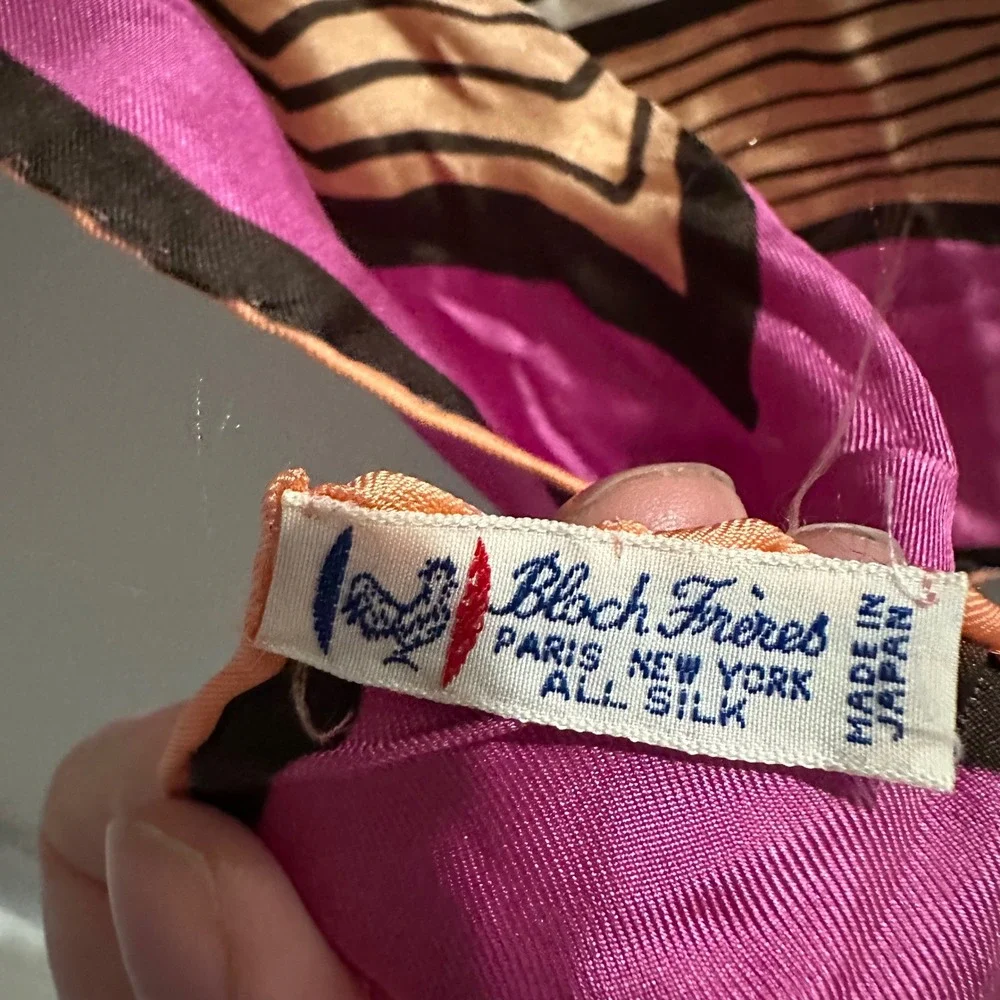 Vintage Bloch Freres Paris New York All Silk Scarf Geometric Print‎ Pink Tan